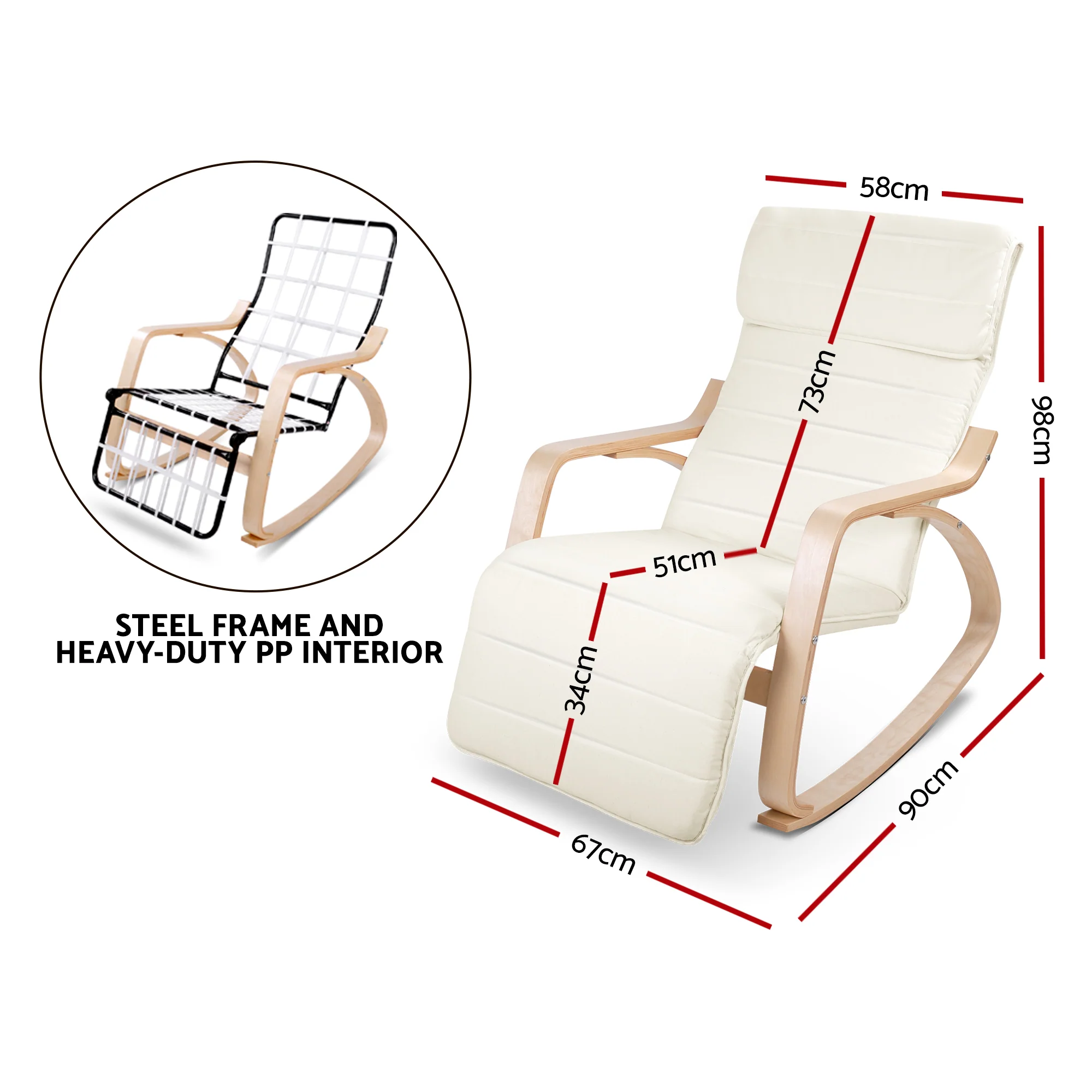Artiss Rocking Armchair Bentwood Frame With Footrest Beige Afton - Image 3