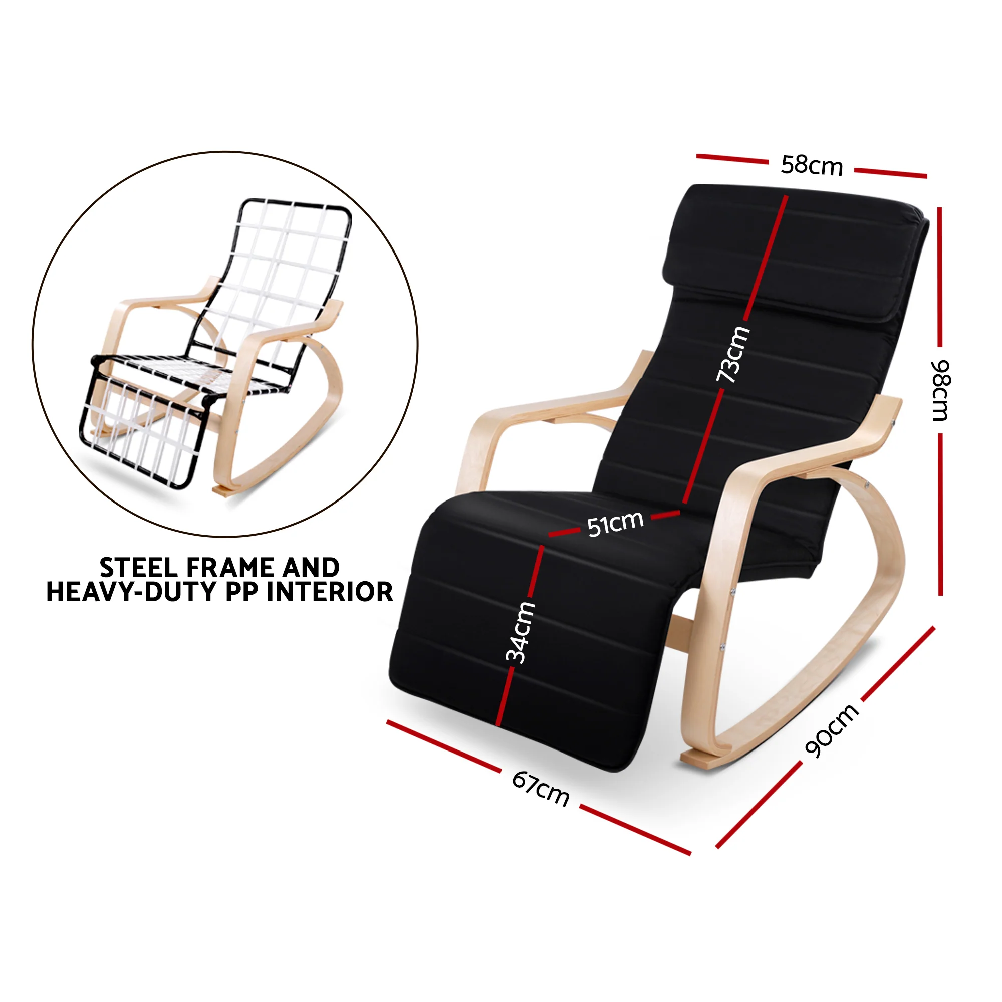 Artiss Rocking Armchair Bentwood Frame With Footrest Black Afton - Image 3