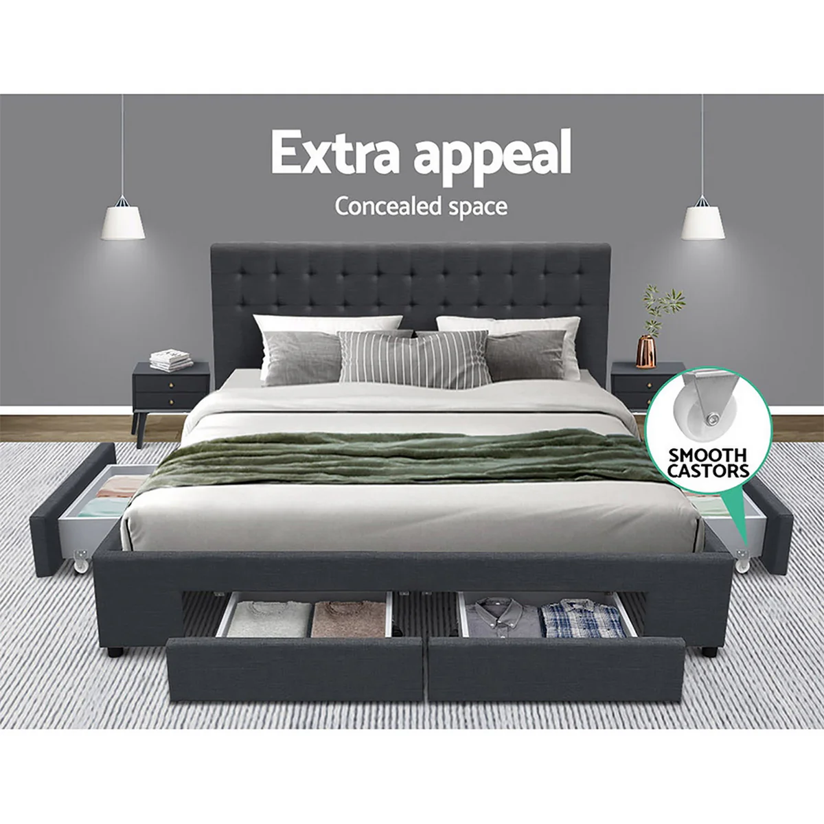 Artiss Bed Frame King Size with 4 Drawers Charcoal AVIO - Image 4