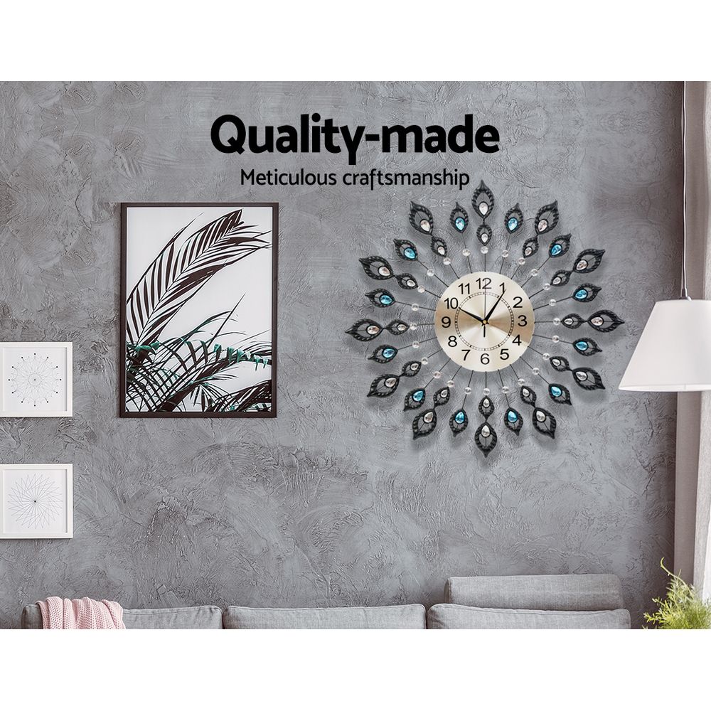 Artiss 60cm Wall Clock Large 3D Peacock Crystal Silver - Image 4