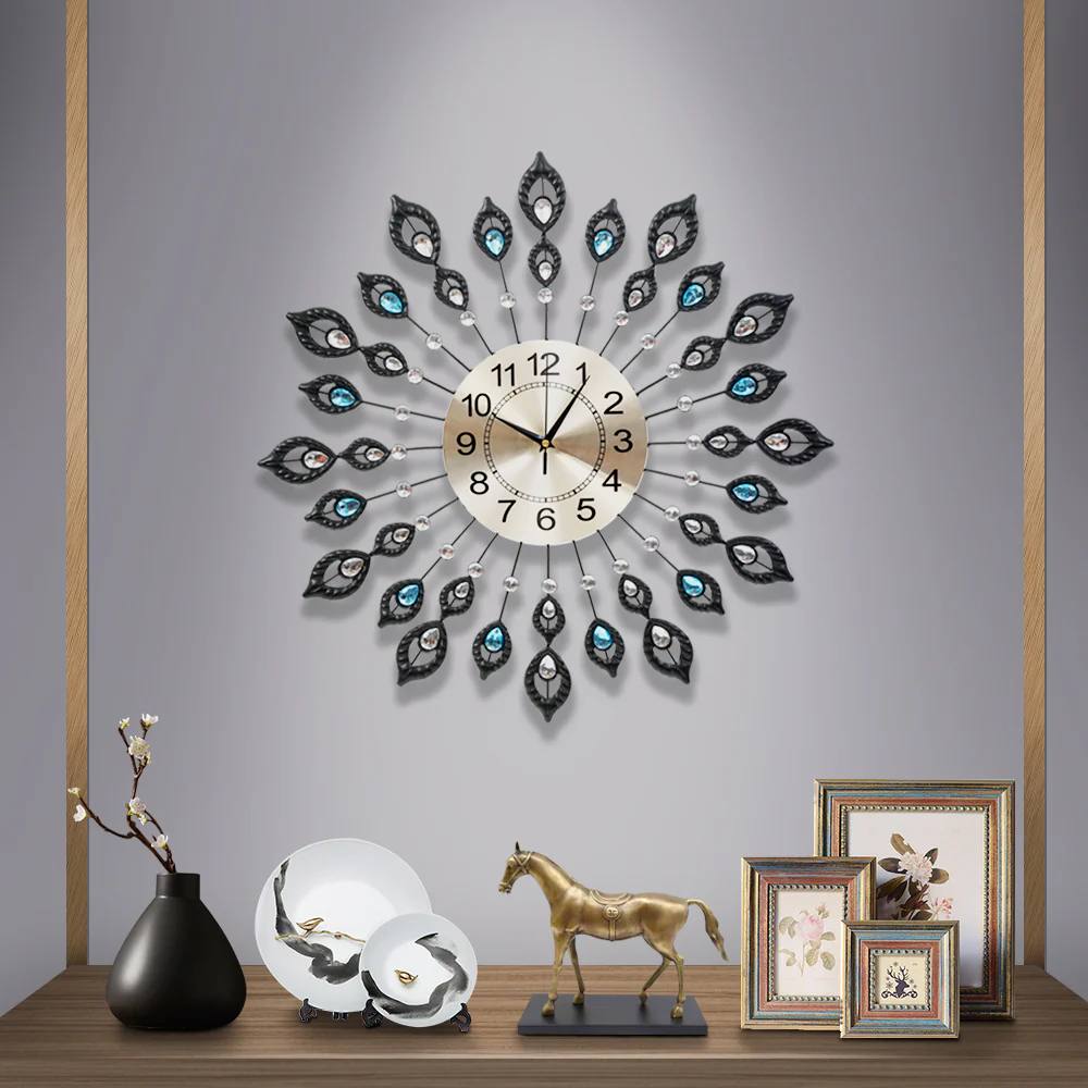 Artiss 60cm Wall Clock Large 3D Peacock Crystal Silver - Image 7