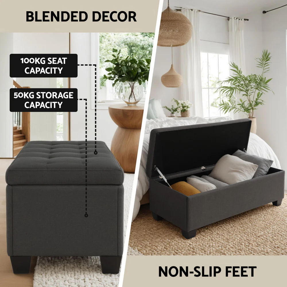 Artiss Storage Ottoman Blanket Box 97cm Linen Charcoal - Image 3