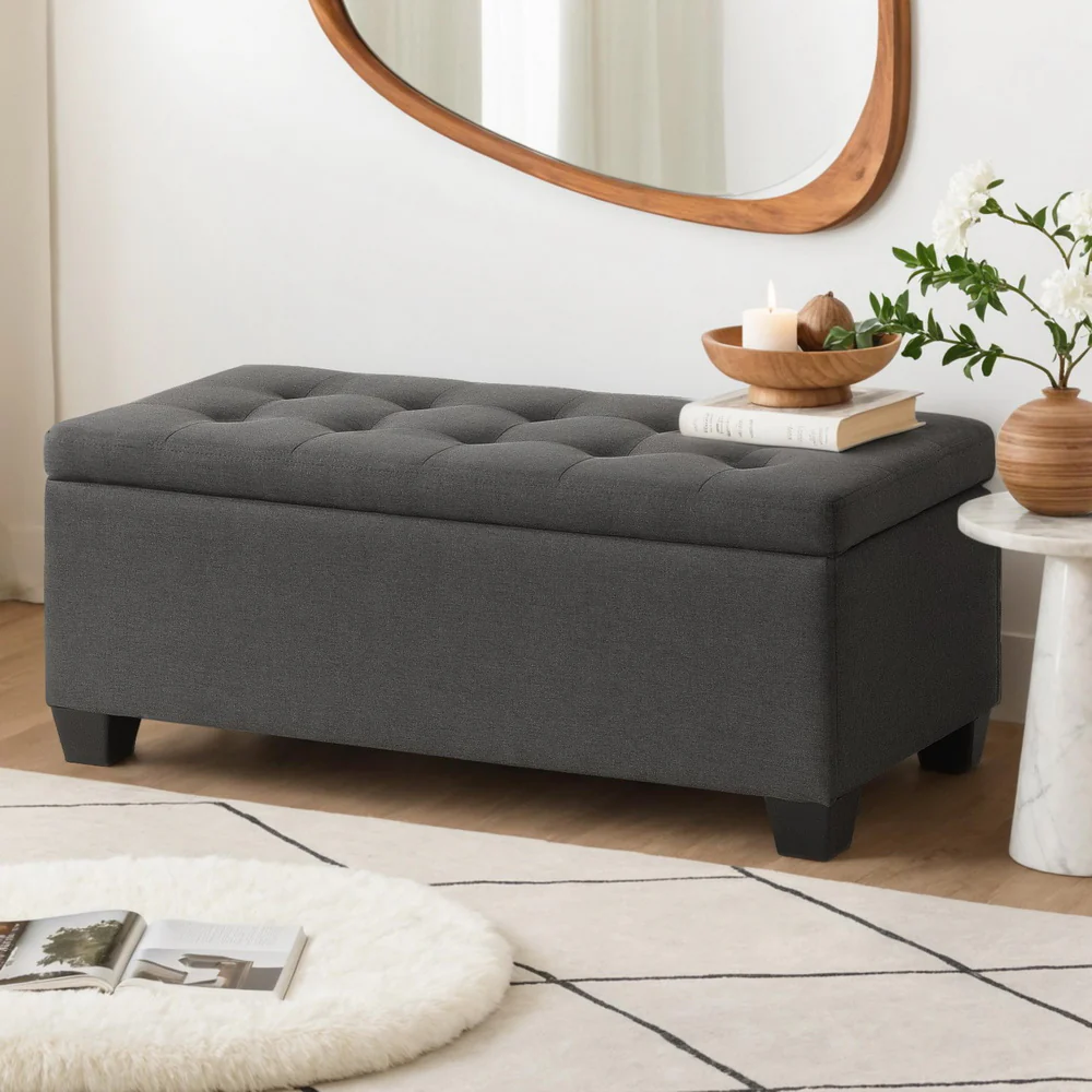 Artiss Storage Ottoman Blanket Box 97cm Linen Charcoal - Image 6