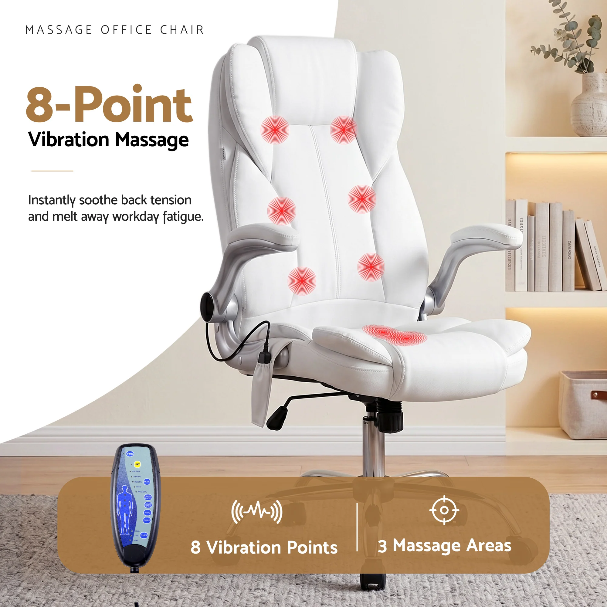 Artiss 8 Point Massage Office Chair PU Leather White - Image 5