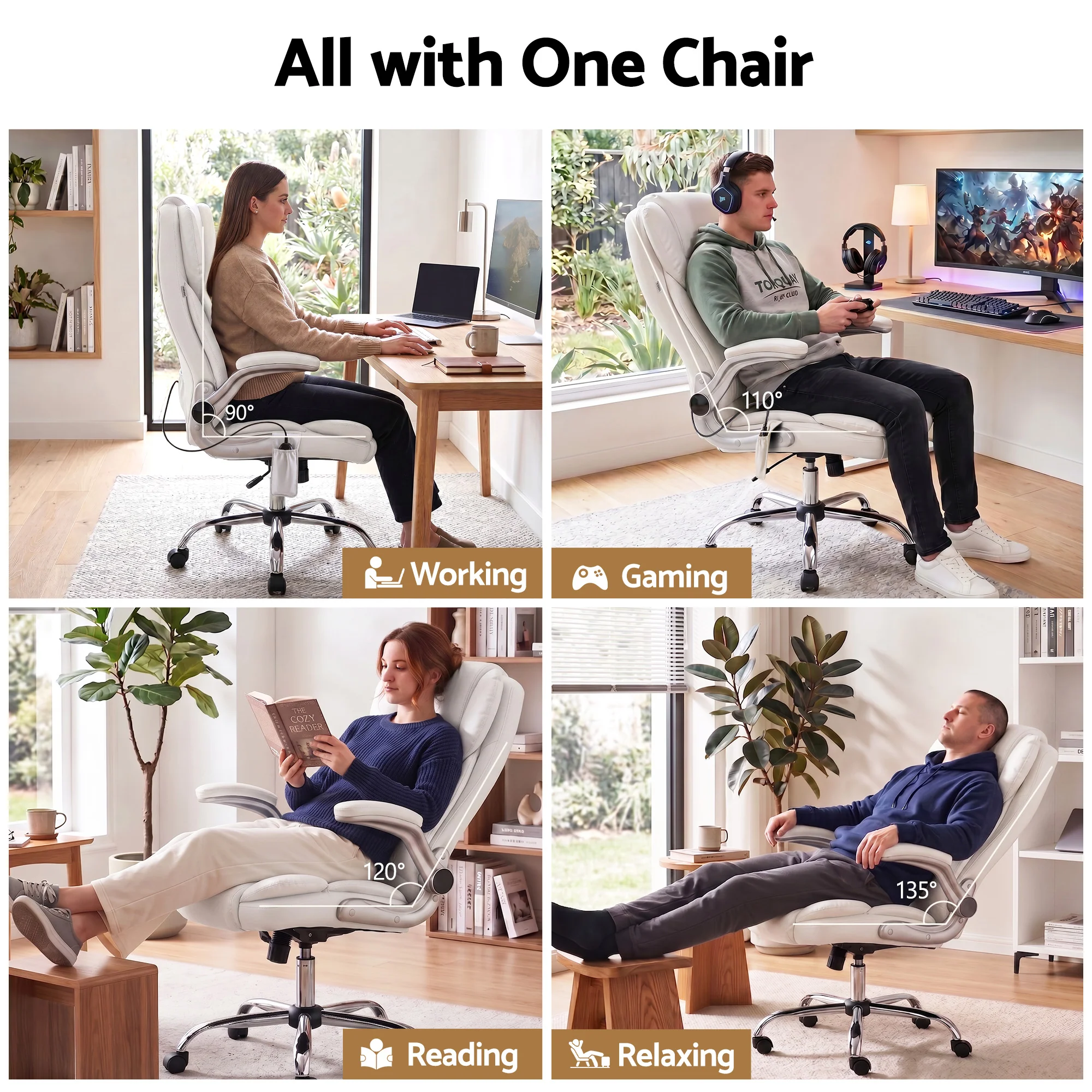 Artiss 8 Point Massage Office Chair PU Leather White - Image 7