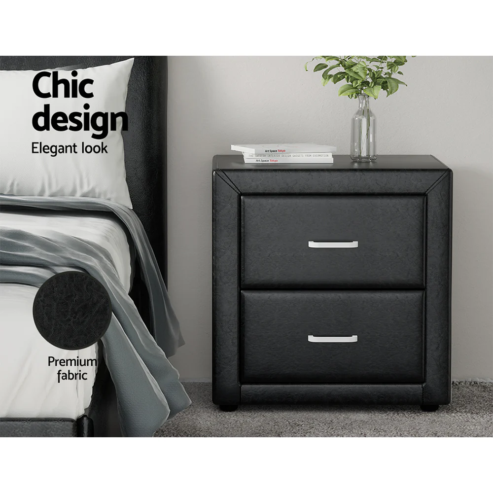 Artiss Bedside Table 2 Drawers Side Table Leather - CADEN Black - Image 4