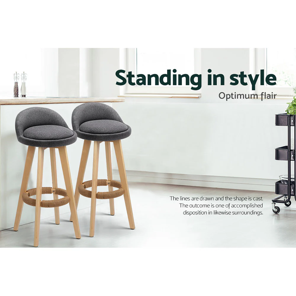 Artiss 2x Bar Stools Padded Linen Wooden Grey - Image 6