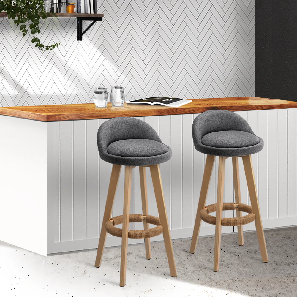 Artiss 2x Bar Stools Padded Linen Wooden Grey - Image 8