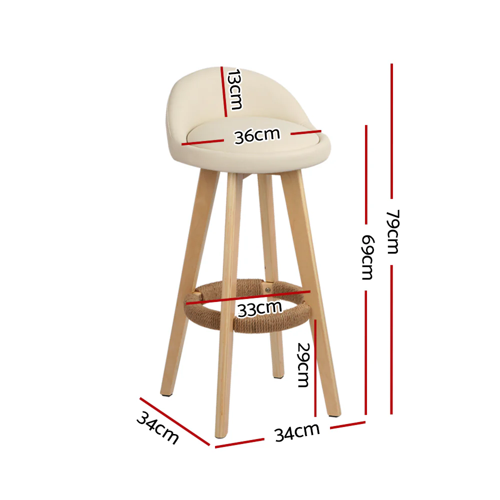 Artiss 2x Bar Stools Padded Leather Wooden Beige - Image 2