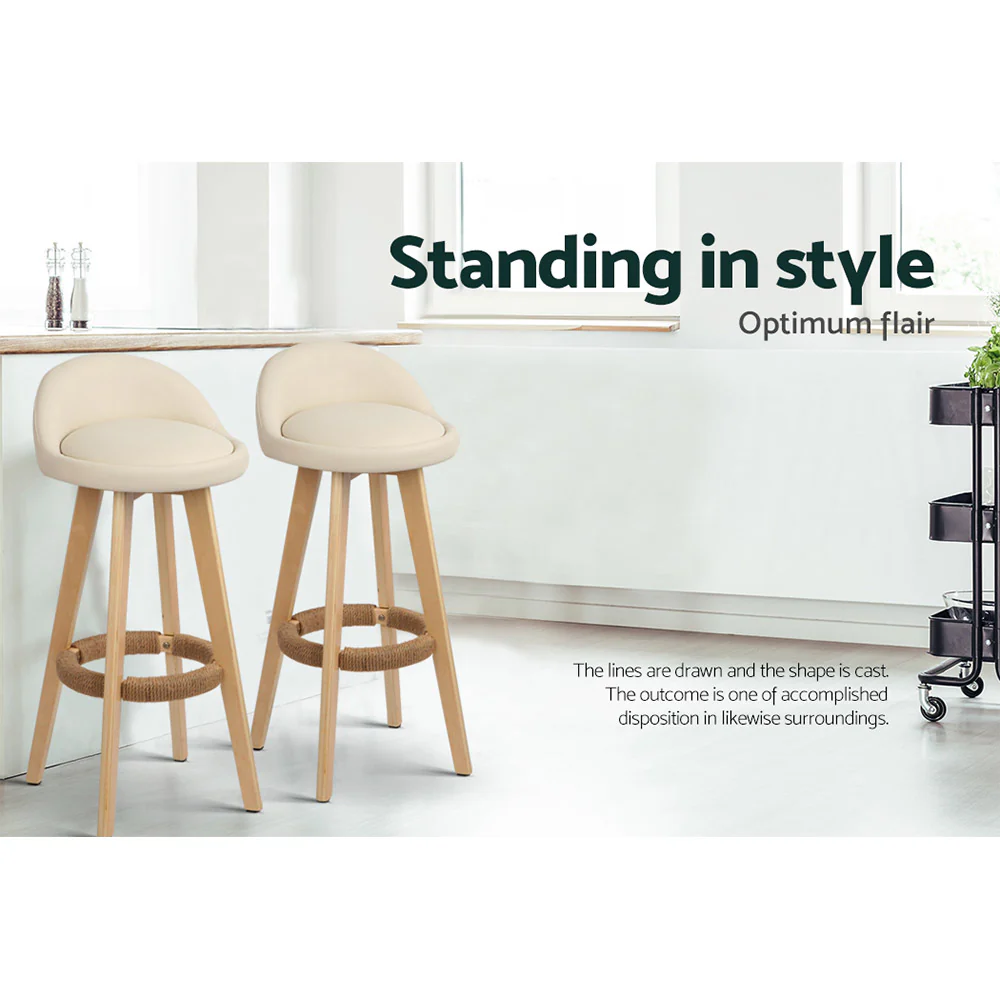 Artiss 2x Bar Stools Padded Leather Wooden Beige - Image 6