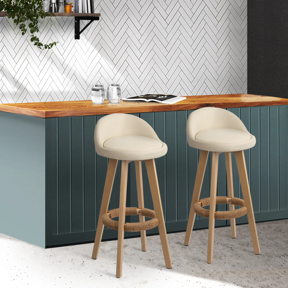 Artiss 2x Bar Stools Padded Leather Wooden Beige - Image 8