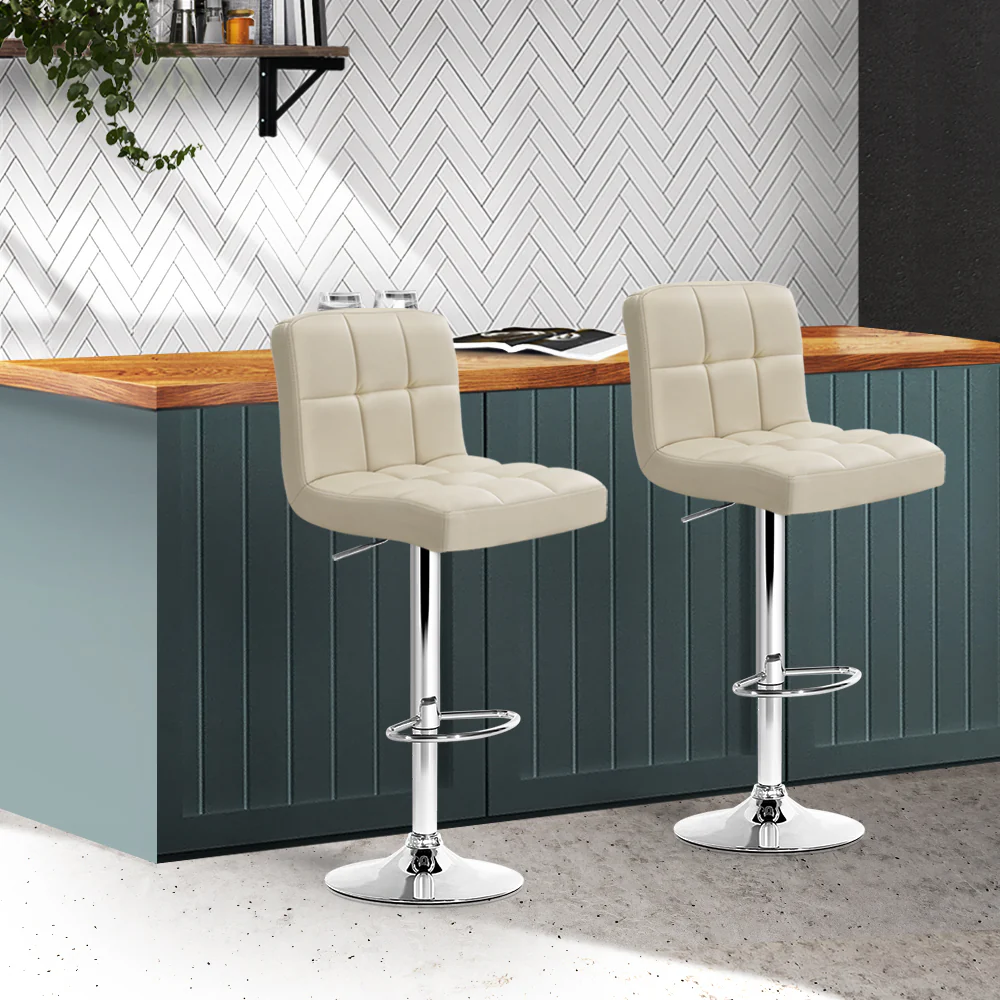 Artiss 2x Bar Stools Leather Gas Lift Beige - Image 8