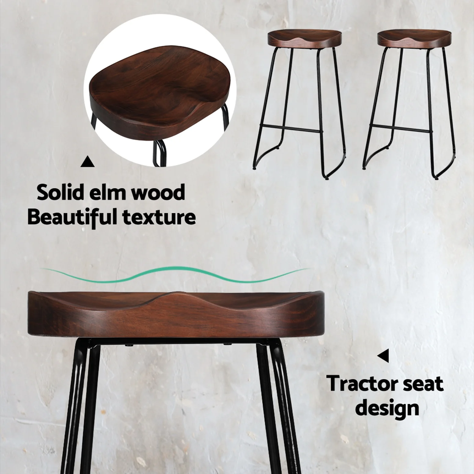 Artiss 2x Bar Stools Tractor Seat 75cm Black - Image 5