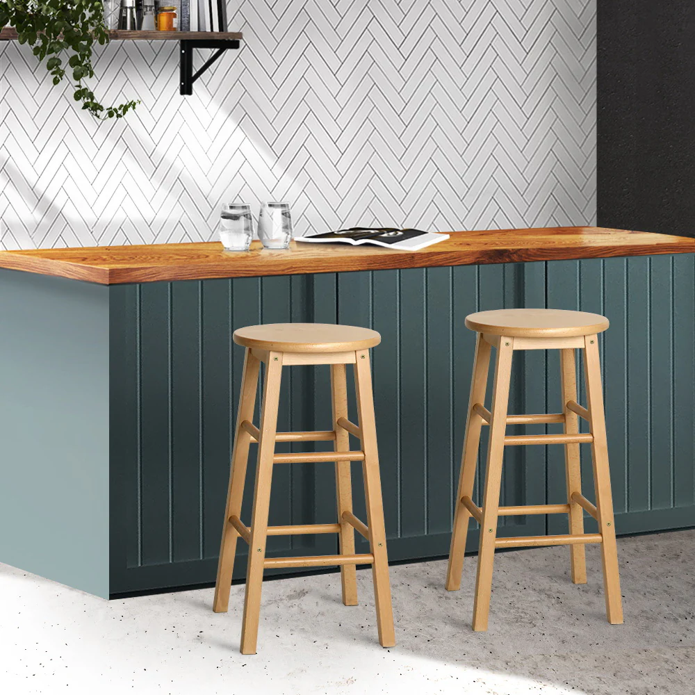 Artiss 2x Bar Stools Round Chairs Wooden Nature - Image 8