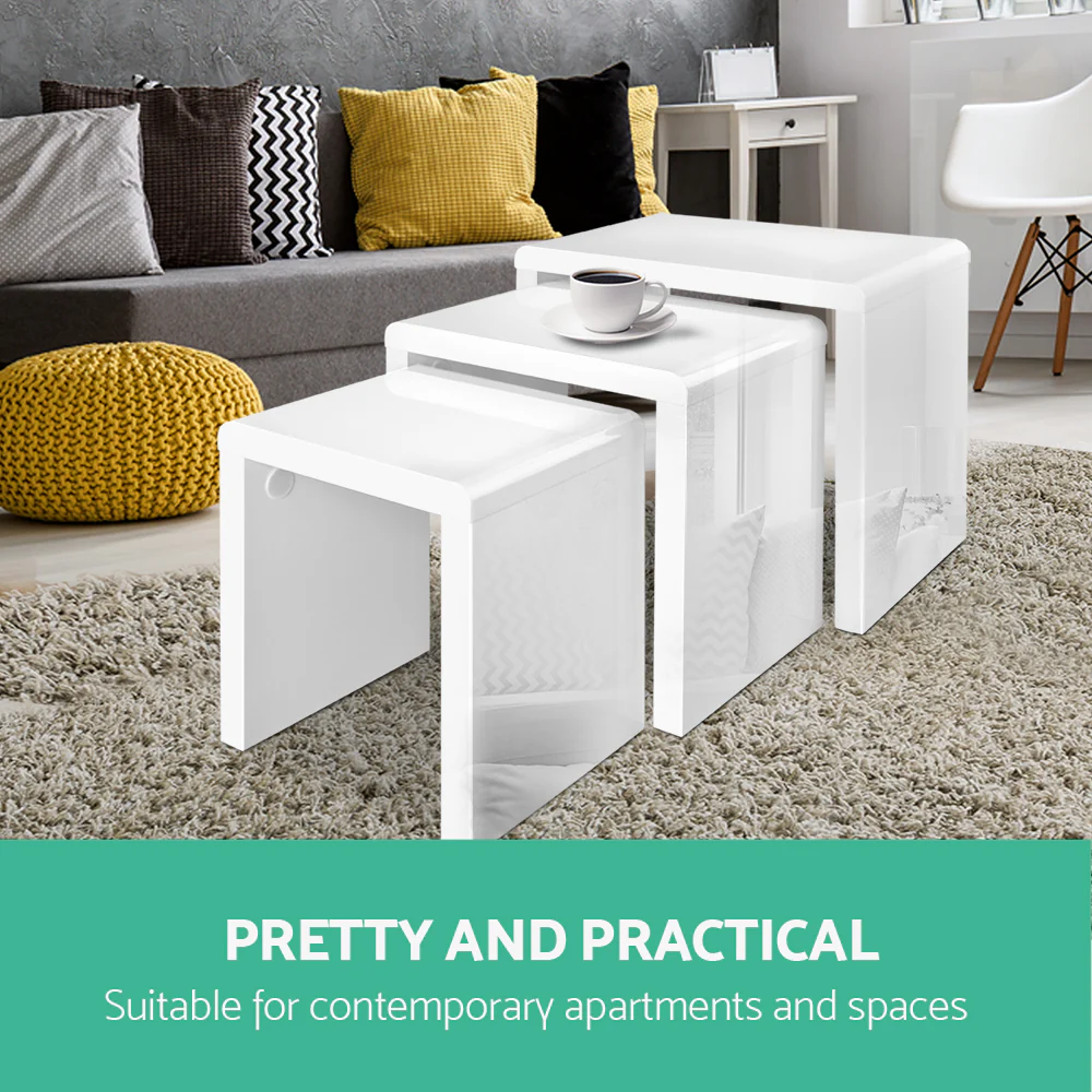 Artiss Nesting Coffee Table Set of 3 Glossy White - Image 3