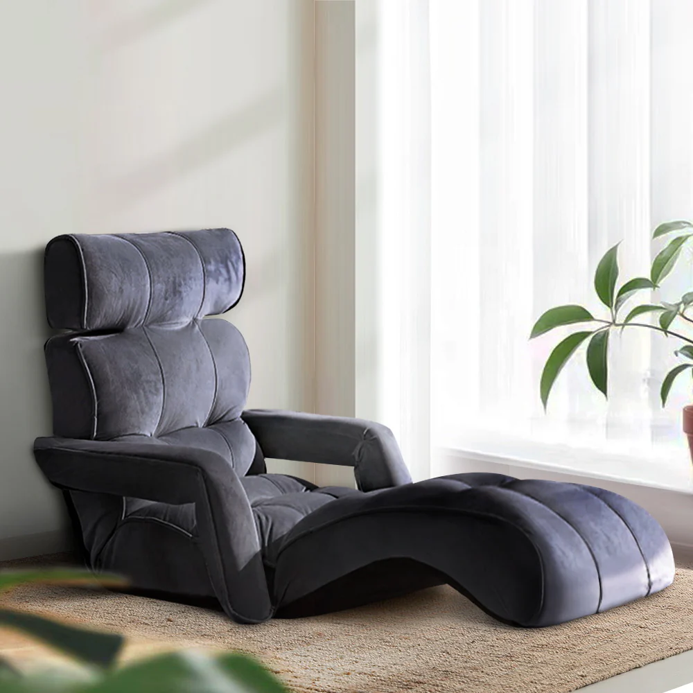 Artiss Floor Lounge Sofa With Armrest Flocking Fabric Charcoal - Image 9