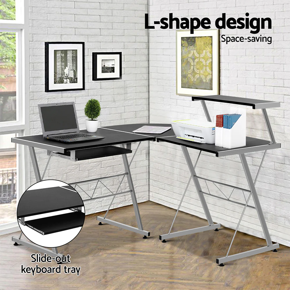 Artiss Computer Desk L-Shape Keyboard Tray Shelf Black - Image 5