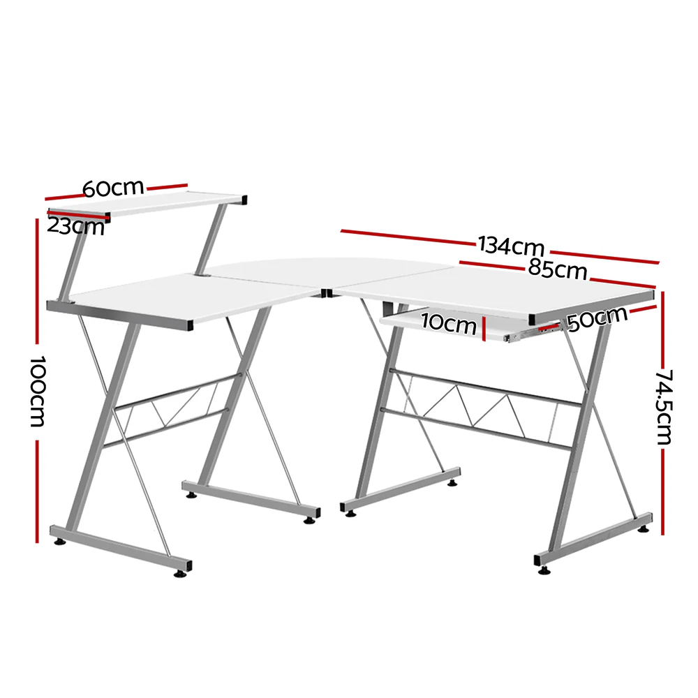 Artiss Computer Desk L-Shape Keyboard Tray Shelf White - Image 2